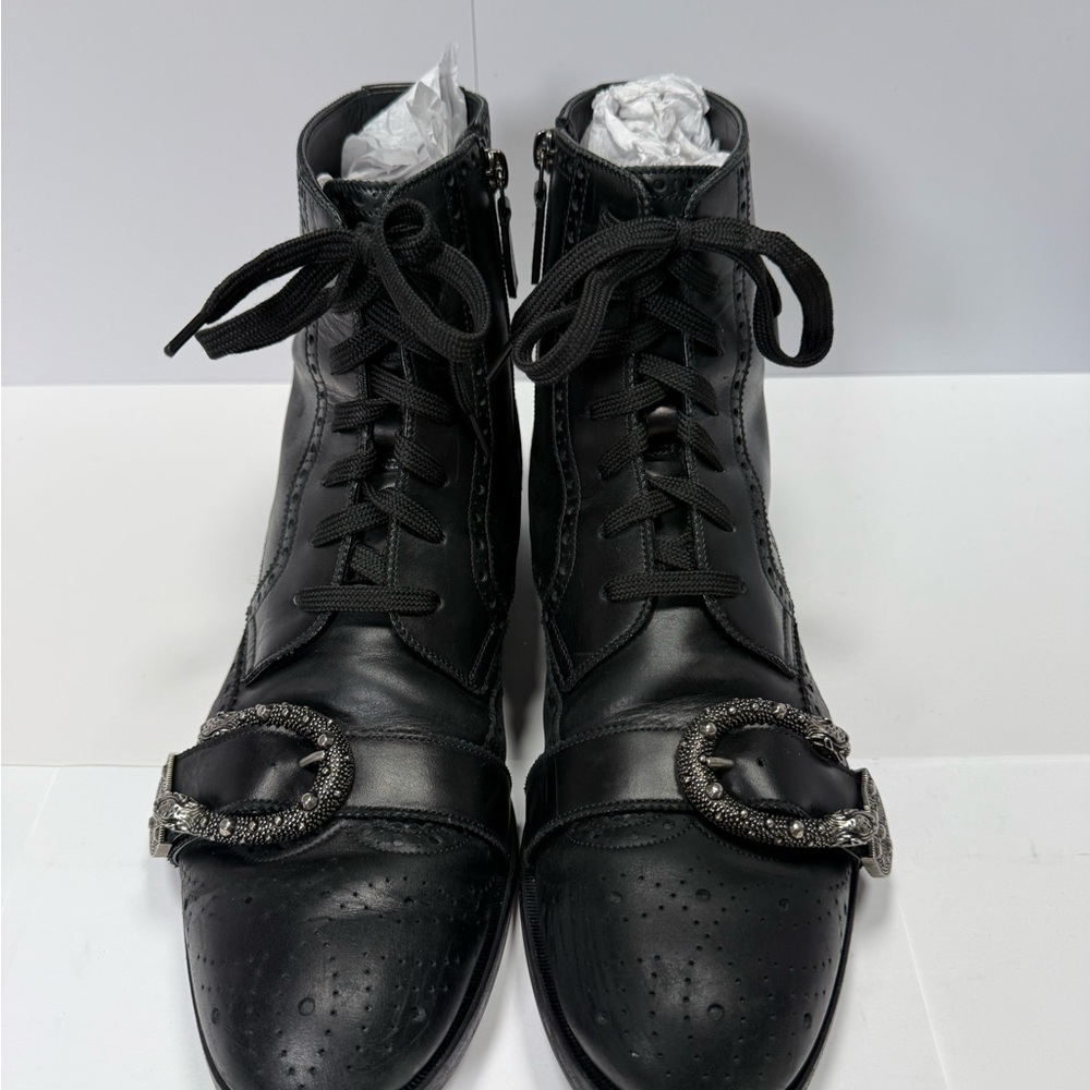 Gucci Black Leather Men's Boots with Silver Buckle